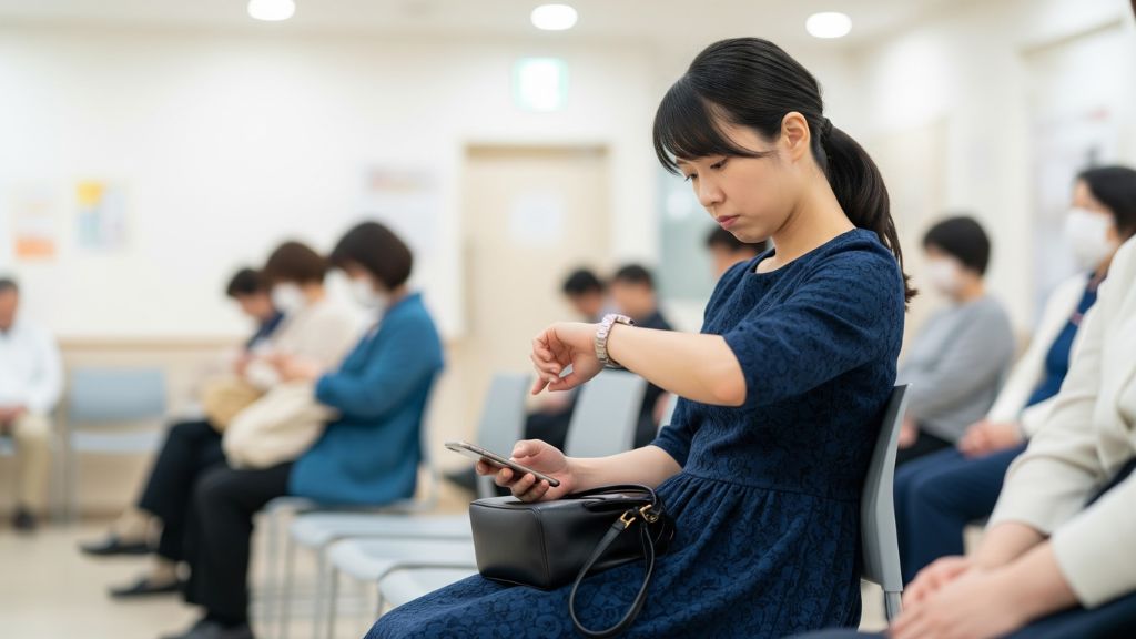 腕時計を確認して時間を気にする患者
