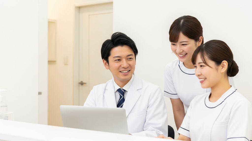 笑顔で話し合う医師とスタッフ