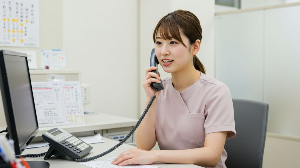 留守番電話にメッセージを吹き込むクリニックの女性スタッフ
