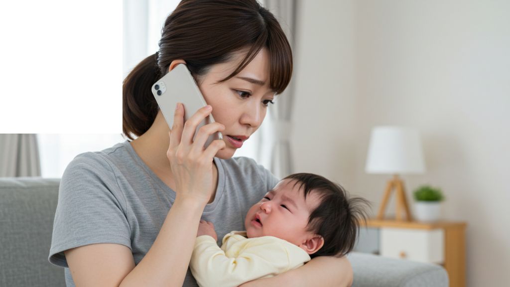 乳児を抱いて電話する女性患者