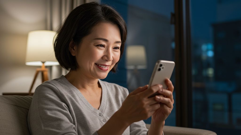 スマートフォンで予約ができて満足げな女性