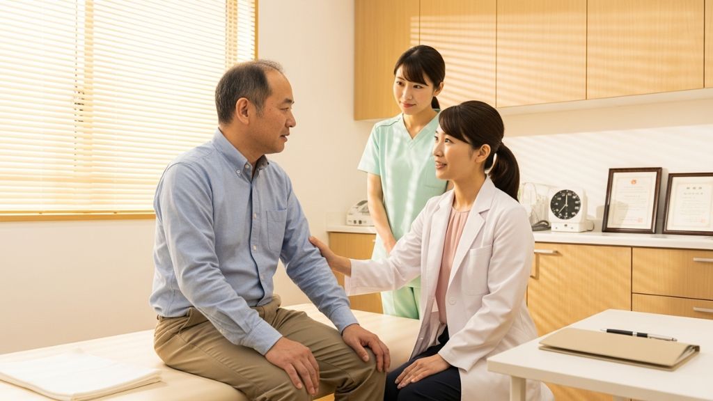 不安そうな患者を勇気づけている医師と看護師